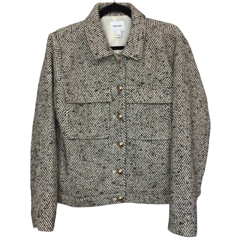 Nine West Tweed Wool Blend Cropped Coat Large Herringbone Lined Lady Jacket